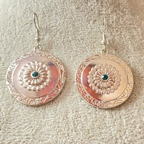 Silver Green Stone Fish Hook Earrings - Picture 5 of 6